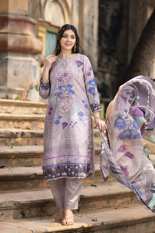 Fatiha Embroidered & Sequence Work Silk Unstitched 3pcs